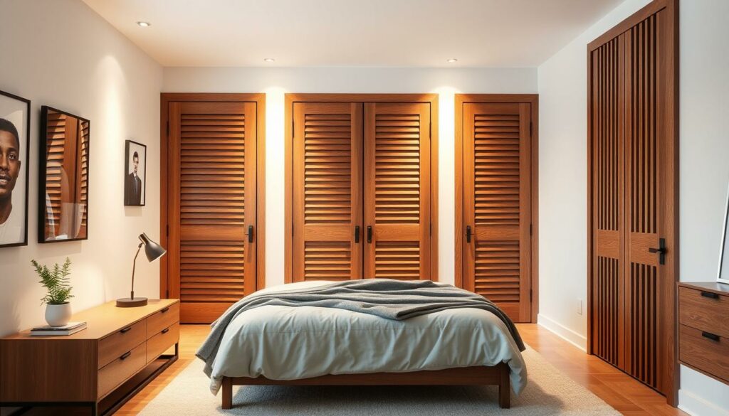 Generate an image of a modern bedroom with wood slat doors for the closet. Generate an image of a modern bedroom with wood slat doors for the closet.