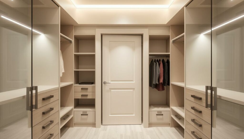 Generate an image of a pocket door in a modern closet Generate an image of a pocket door in a modern closet