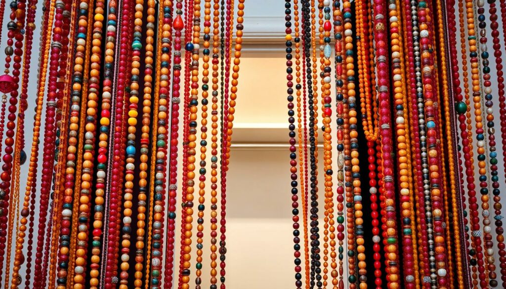 Generate an image of beaded curtains in front of a closet. Generate an image of beaded curtains in front of a closet.