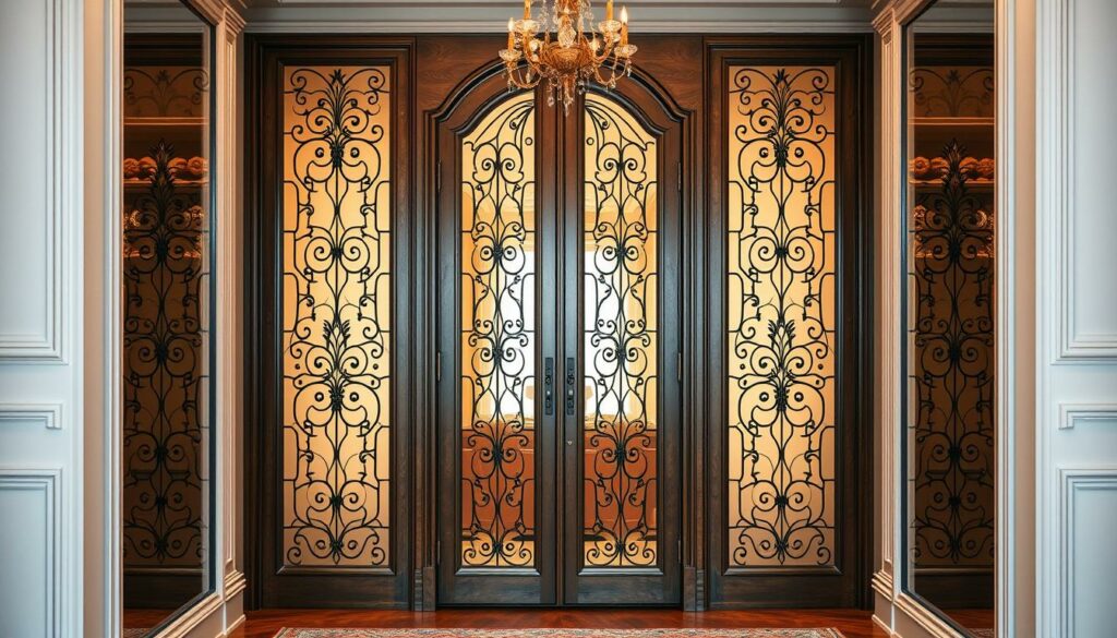 Generate an image of elegant French doors used as a closet entrance, with glass panels and a sophisticated design. Generate an image of elegant French doors used as a closet entrance, with glass panels and a sophisticated design.