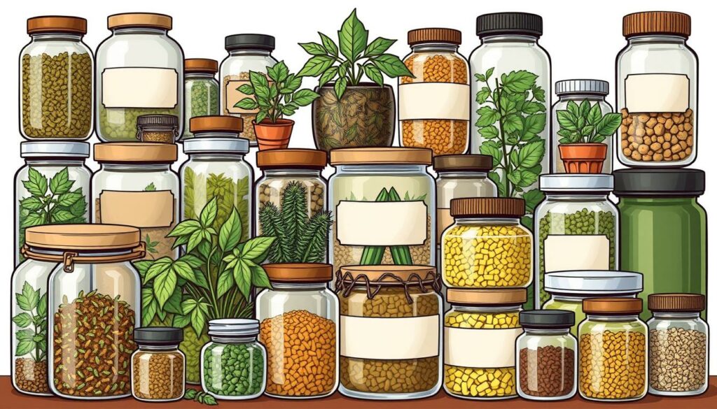 Generate an image of various herb storage containers. Generate an image of various herb storage containers.