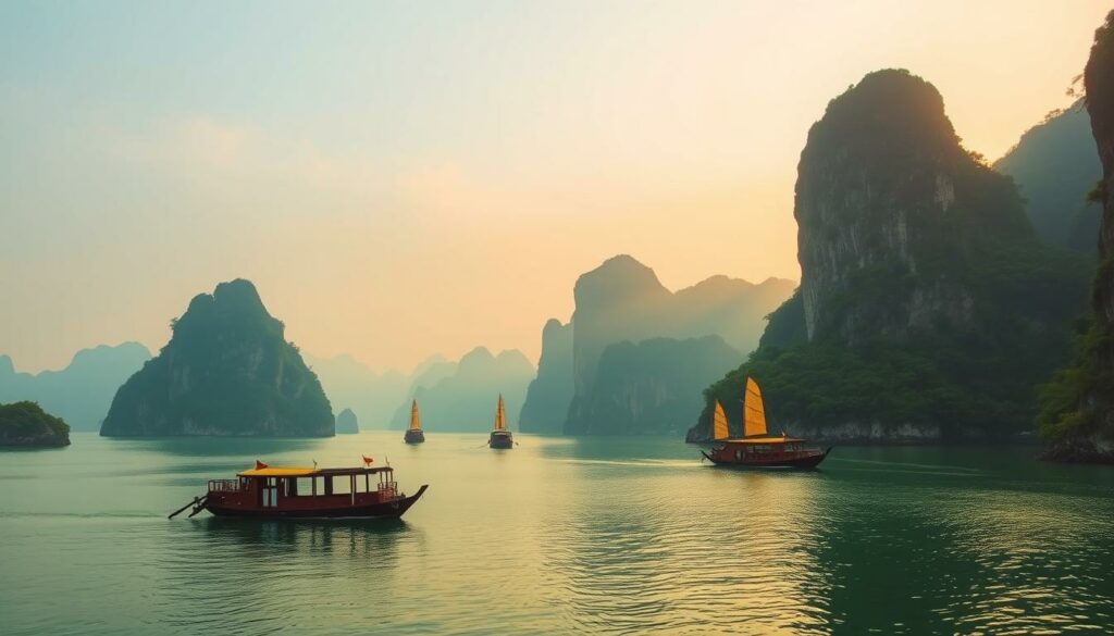 Halong Bay, a jewel of Vietnam's natural beauty, shrouded in a misty dawn glow. Towering limestone karsts rise majestically from the serene emerald waters, their jagged peaks silhouetted against a pastel sky. Elegant wooden junks glide gracefully between the islands, their sails billowing in the gentle breeze. Lush, verdant forests cloak the shores, casting dancing shadows on the calm surface below. The scene exudes a sense of tranquility and timelessness, inviting the viewer to experience the essence of this captivating Vietnamese landscape. Halong Bay, a jewel of Vietnam's natural beauty, shrouded in a misty dawn glow. Towering limestone karsts rise majestically from the serene emerald waters, their jagged peaks silhouetted against a pastel sky. Elegant wooden junks glide gracefully between the islands, their sails billowing in the gentle breeze. Lush, verdant forests cloak the shores, casting dancing shadows on the calm surface below. The scene exudes a sense of tranquility and timelessness, inviting the viewer to experience the essence of this captivating Vietnamese landscape.