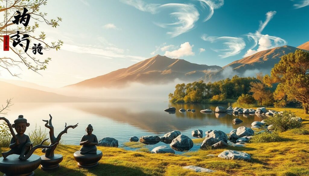 Harmonious balance of the five Feng Shui elements - wood, fire, earth, metal, and water - depicted in a serene natural setting. In the foreground, wooden sculptures and calligraphic brushwork symbolize the organic flow of energy. The middle ground features a tranquil pond reflecting the sky, surrounded by lush greenery and smooth rocks representing the interplay of earth and water. In the background, a mountain ridge bathed in warm, golden light emanates a sense of fiery vitality, while wispy clouds suggest the dynamic yet balanced presence of air. The overall composition conveys a meditative atmosphere, inviting the viewer to find inner equilibrium and avoid common Feng Shui mistakes. Harmonious balance of the five Feng Shui elements - wood, fire, earth, metal, and water - depicted in a serene natural setting. In the foreground, wooden sculptures and calligraphic brushwork symbolize the organic flow of energy. The middle ground features a tranquil pond reflecting the sky, surrounded by lush greenery and smooth rocks representing the interplay of earth and water. In the background, a mountain ridge bathed in warm, golden light emanates a sense of fiery vitality, while wispy clouds suggest the dynamic yet balanced presence of air. The overall composition conveys a meditative atmosphere, inviting the viewer to find inner equilibrium and avoid common Feng Shui mistakes.