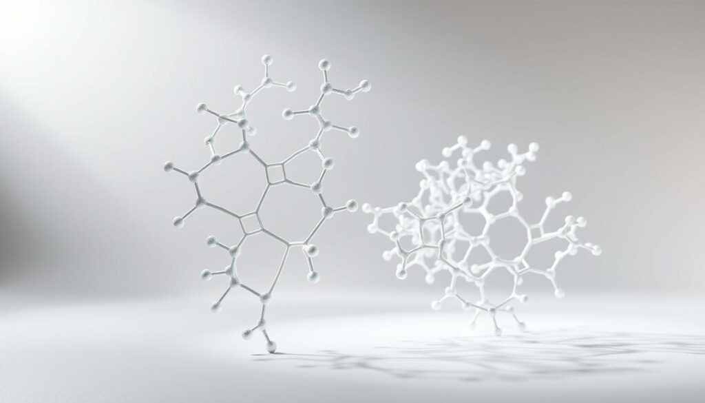 Hyaluronic acid molecular structure, elegantly displayed against a backdrop of soft lighting and a clean, minimalist environment. The foreground showcases the intricate network of repeating disaccharide units, depicted with striking clarity and precision. The middle ground highlights the polysaccharide's three-dimensional conformation, emphasizing its dynamic and fluid nature. In the background, a subtle gradient provides a harmonious contrast, drawing the viewer's attention to the captivating scientific essence of this remarkable biomolecule. Captured with a high-resolution lens, this image aims to convey the beauty and complexity inherent in the fundamental building blocks of life. Hyaluronic acid molecular structure, elegantly displayed against a backdrop of soft lighting and a clean, minimalist environment. The foreground showcases the intricate network of repeating disaccharide units, depicted with striking clarity and precision. The middle ground highlights the polysaccharide's three-dimensional conformation, emphasizing its dynamic and fluid nature. In the background, a subtle gradient provides a harmonious contrast, drawing the viewer's attention to the captivating scientific essence of this remarkable biomolecule. Captured with a high-resolution lens, this image aims to convey the beauty and complexity inherent in the fundamental building blocks of life.