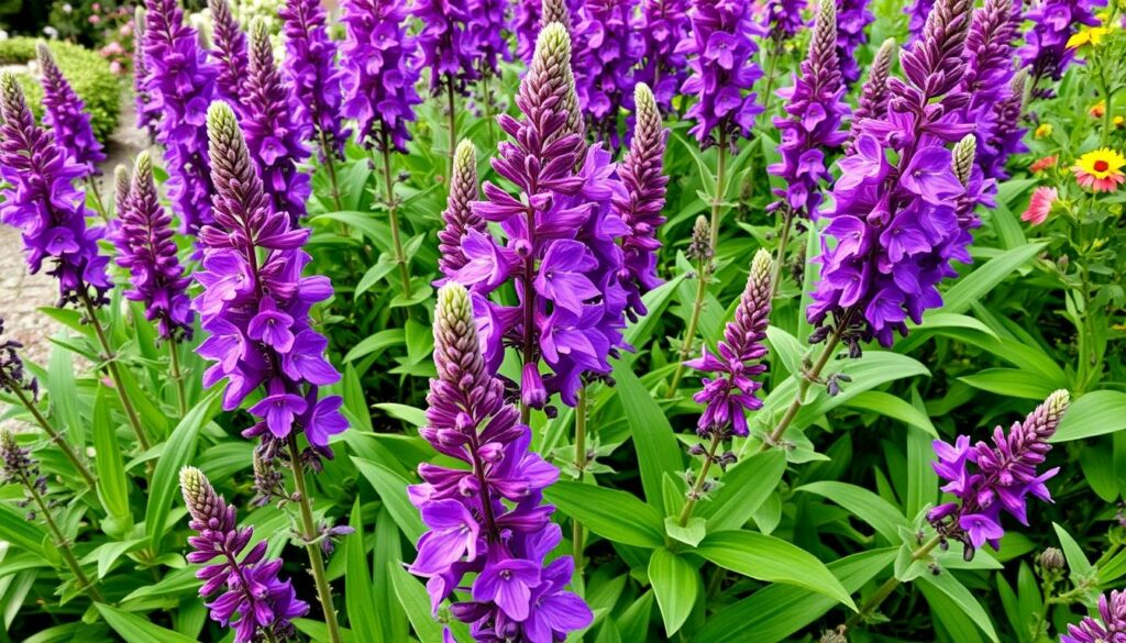 Image of 'May Night' salvia plants in a UK garden Image of 'May Night' salvia plants in a UK garden