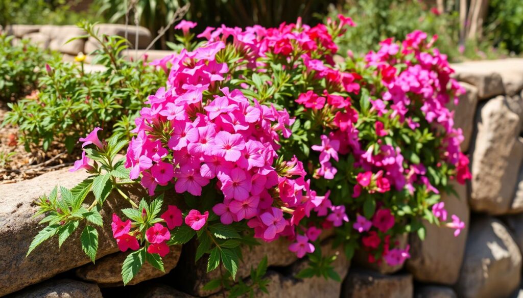 Image of Rose Verbena cascading over a slope or wall Image of Rose Verbena cascading over a slope or wall