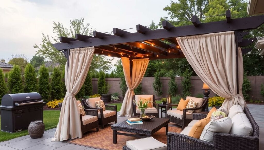 Image of a pergola with outdoor curtains in a backyard living room