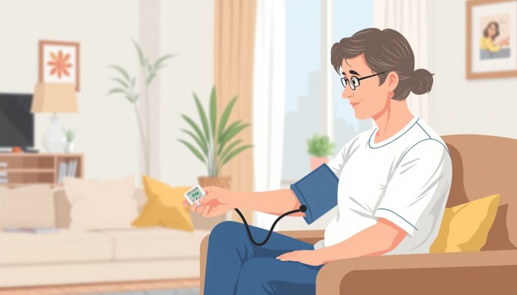 Image of a person using a home blood pressure monitor