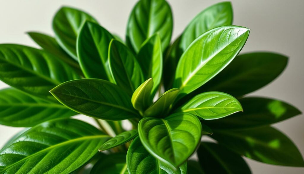 Photorealistic close-up of a healthy, lush Zamioculcas zamiifolia plant, also known as the ZZ plant, showcasing its distinctive oval-shaped, waxy green leaves, elegantly arranged in a symmetrical pattern, illuminated by soft, natural lighting. The leaves have a glossy, resilient texture, and the plant is depicted against a neutral, uncluttered background to emphasize its sculptural form. The lighting should create depth and dimension, accentuating the plant's bold, architectural qualities. Capture the plant from a slightly angled perspective to provide a visually compelling and informative illustration of this common ZZ plant variety. Photorealistic close-up of a healthy, lush Zamioculcas zamiifolia plant, also known as the ZZ plant, showcasing its distinctive oval-shaped, waxy green leaves, elegantly arranged in a symmetrical pattern, illuminated by soft, natural lighting. The leaves have a glossy, resilient texture, and the plant is depicted against a neutral, uncluttered background to emphasize its sculptural form. The lighting should create depth and dimension, accentuating the plant's bold, architectural qualities. Capture the plant from a slightly angled perspective to provide a visually compelling and informative illustration of this common ZZ plant variety.