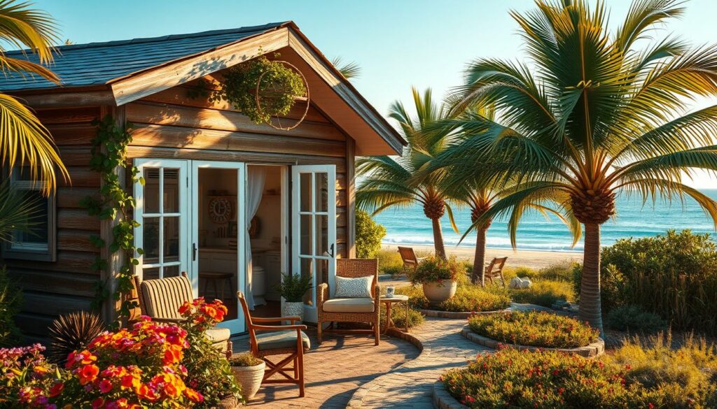 Prompt A charming coastal cottage nestled amidst a lush beachfront landscape, captured in warm, golden afternoon light. The weathered wooden facade is adorned with climbing vines and a quaint porch, inviting visitors to step inside. Through the open windows, a cozy interior comes into view, featuring whitewashed walls, nautical accents, and plush, comfortable furnishings. The surrounding scene is filled with swaying palm trees, colorful wildflowers, and a glistening azure ocean in the distance, creating a serene and inviting atmosphere that embodies the essence of beach cottage style. Prompt A charming coastal cottage nestled amidst a lush beachfront landscape, captured in warm, golden afternoon light. The weathered wooden facade is adorned with climbing vines and a quaint porch, inviting visitors to step inside. Through the open windows, a cozy interior comes into view, featuring whitewashed walls, nautical accents, and plush, comfortable furnishings. The surrounding scene is filled with swaying palm trees, colorful wildflowers, and a glistening azure ocean in the distance, creating a serene and inviting atmosphere that embodies the essence of beach cottage style.