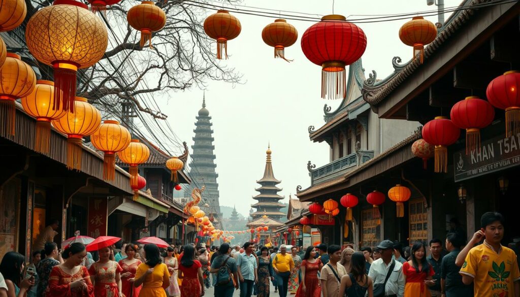 Vibrant and lively Vietnamese festivals come alive in this captivating image. In the foreground, colorful parades with traditional costumes and lively music create a festive atmosphere. The middle ground features intricate lanterns and decorations adorning the streets, casting a warm glow. In the background, ancient temples and pagodas stand tall, their ornate architecture a testament to Vietnam's rich cultural heritage. The lighting is natural and diffused, capturing the essence of these celebratory events. The lens is wide-angle, allowing the viewer to immerse themselves in the joyous festivities. The overall mood is one of celebration, cultural pride, and a deep connection to Vietnam's traditions. Vibrant and lively Vietnamese festivals come alive in this captivating image. In the foreground, colorful parades with traditional costumes and lively music create a festive atmosphere. The middle ground features intricate lanterns and decorations adorning the streets, casting a warm glow. In the background, ancient temples and pagodas stand tall, their ornate architecture a testament to Vietnam's rich cultural heritage. The lighting is natural and diffused, capturing the essence of these celebratory events. The lens is wide-angle, allowing the viewer to immerse themselves in the joyous festivities. The overall mood is one of celebration, cultural pride, and a deep connection to Vietnam's traditions.