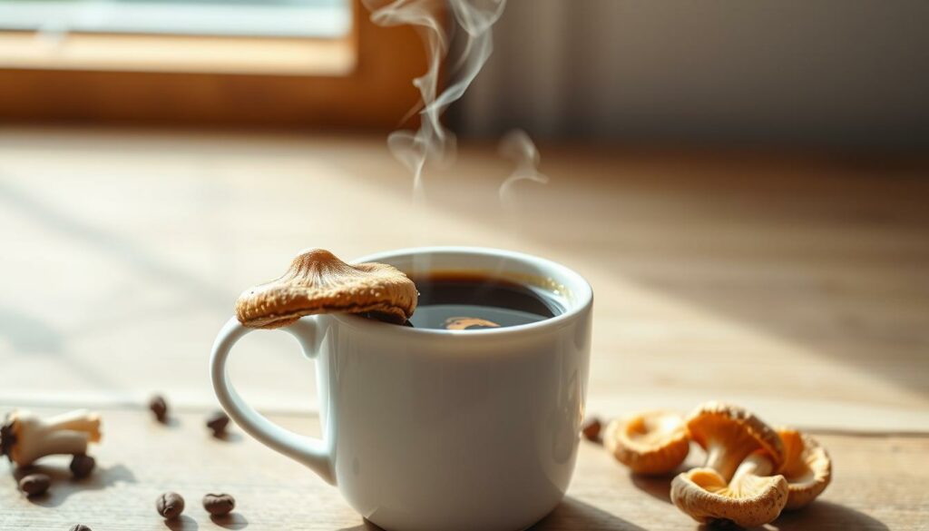 Vibrant mushroom-infused coffee, steaming in a pristine white ceramic mug, set against a minimalist backdrop of natural wood and soft light. The mushrooms, rich in antioxidants and adaptogens, are prominently featured, their earthy tones complementing the deep, aromatic brew. The composition is balanced, with the mug positioned at a slight angle, creating a sense of depth and drawing the viewer's eye to the captivating combination of flavors and health benefits. A serene, calming atmosphere pervades the scene, inviting the viewer to savor the moment and experience the exceptional qualities of this superior coffee alternative. Vibrant mushroom-infused coffee, steaming in a pristine white ceramic mug, set against a minimalist backdrop of natural wood and soft light. The mushrooms, rich in antioxidants and adaptogens, are prominently featured, their earthy tones complementing the deep, aromatic brew. The composition is balanced, with the mug positioned at a slight angle, creating a sense of depth and drawing the viewer's eye to the captivating combination of flavors and health benefits. A serene, calming atmosphere pervades the scene, inviting the viewer to savor the moment and experience the exceptional qualities of this superior coffee alternative.
