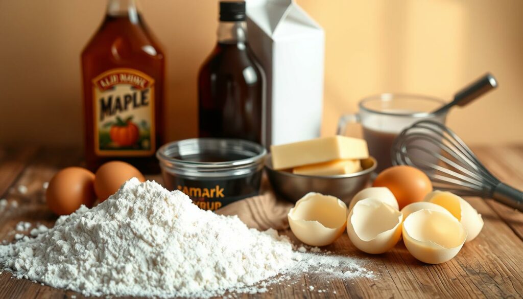 a high-quality, detailed image of an assortment of essential ingredients for making fluffy pancakes from scratch, arranged in a neat, organized manner on a rustic wooden surface, with natural lighting from the side highlighting the textures and colors. The foreground features a mound of all-purpose flour, a cluster of cracked eggs, a stick of butter, and a bottle of maple syrup. The middle ground includes a carton of milk, a measuring cup, and a whisk. The background softly fades into a plain, warm-toned backdrop, creating a welcoming, appetizing atmosphere. a high-quality, detailed image of an assortment of essential ingredients for making fluffy pancakes from scratch, arranged in a neat, organized manner on a rustic wooden surface, with natural lighting from the side highlighting the textures and colors. The foreground features a mound of all-purpose flour, a cluster of cracked eggs, a stick of butter, and a bottle of maple syrup. The middle ground includes a carton of milk, a measuring cup, and a whisk. The background softly fades into a plain, warm-toned backdrop, creating a welcoming, appetizing atmosphere.