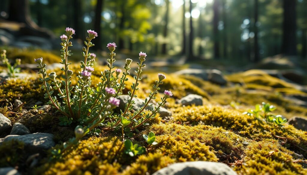 a highly detailed, photorealistic image of creeping thyme (Thymus serpyllum) growing on a rocky, moss-covered ground, with its characteristic small, rounded, green leaves and tiny purple flowers. The foreground features the creeping thyme plants in sharp focus, with their delicate stems and blooms reaching up towards the sunlight. The middle ground showcases a mixture of other small, ground-hugging plants and mosses, creating a lush, natural-looking carpet. The background depicts a serene, forested environment, with dappled sunlight filtering through the canopy of trees, casting a warm, peaceful ambiance over the scene. The lighting is soft and natural, with gentle shadows and highlights accentuating the textures and forms of the plants. The overall composition conveys a sense of tranquility and the beauty of this resilient, low-growing herb. a highly detailed, photorealistic image of creeping thyme (Thymus serpyllum) growing on a rocky, moss-covered ground, with its characteristic small, rounded, green leaves and tiny purple flowers. The foreground features the creeping thyme plants in sharp focus, with their delicate stems and blooms reaching up towards the sunlight. The middle ground showcases a mixture of other small, ground-hugging plants and mosses, creating a lush, natural-looking carpet. The background depicts a serene, forested environment, with dappled sunlight filtering through the canopy of trees, casting a warm, peaceful ambiance over the scene. The lighting is soft and natural, with gentle shadows and highlights accentuating the textures and forms of the plants. The overall composition conveys a sense of tranquility and the beauty of this resilient, low-growing herb.