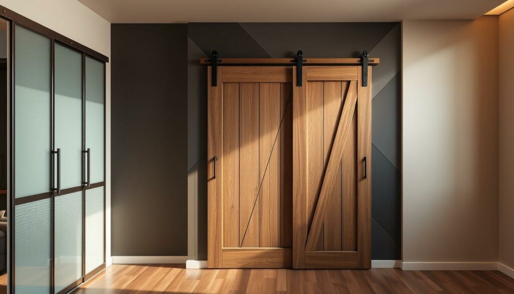 a modernistic and innovative closet door design, showcasing a variety of alternative materials and configurations. the foreground features clean, minimalist lines with a mix of frosted glass, perforated metal panels, and sleek wood accents. the middle ground introduces a sliding barn-style door system with a rustic, distressed wooden frame. the background depicts a striking geometric pattern of intersecting planes in muted tones, creating a sense of depth and visual interest. the overall scene is bathed in warm, diffused lighting to accentuate the textures and materials. the image conveys a balanced, harmonious aesthetic that challenges traditional closet door conventions. a modernistic and innovative closet door design, showcasing a variety of alternative materials and configurations. the foreground features clean, minimalist lines with a mix of frosted glass, perforated metal panels, and sleek wood accents. the middle ground introduces a sliding barn-style door system with a rustic, distressed wooden frame. the background depicts a striking geometric pattern of intersecting planes in muted tones, creating a sense of depth and visual interest. the overall scene is bathed in warm, diffused lighting to accentuate the textures and materials. the image conveys a balanced, harmonious aesthetic that challenges traditional closet door conventions.