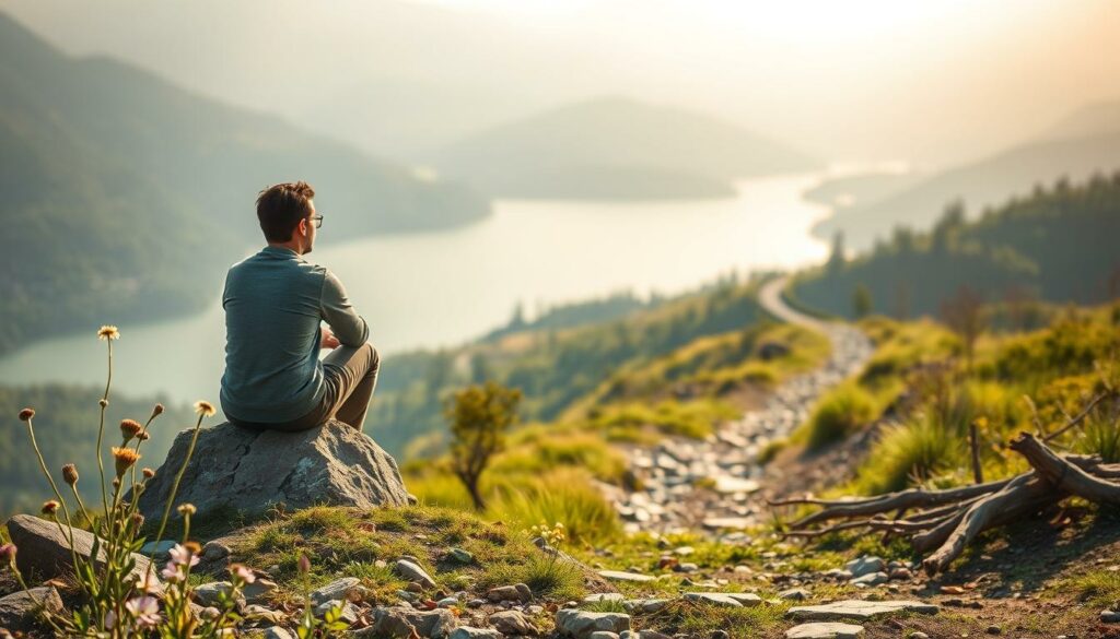 a serene and calming landscape, with a person sitting on a rock, gazing out at a tranquil lake surrounded by lush, verdant hills. The lighting is soft and diffused, creating a warm, soothing atmosphere. The person's expression is one of contemplation and introspection, reflecting the inner journey of managing anxiety. In the foreground, there are various natural elements such as wildflowers, pebbles, and driftwood, subtly suggesting the healing power of nature. The middle ground features a winding path leading towards the lake, symbolizing the path to wellness. The background is hazy and atmospheric, conveying a sense of peace and tranquility.