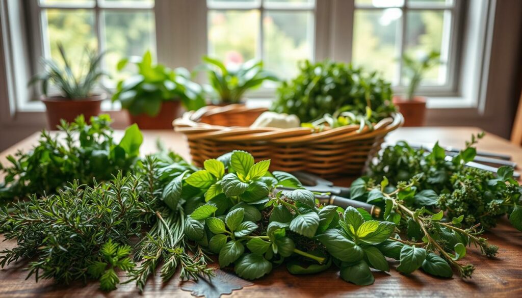 a still life scene of freshly harvested herbs spread out on a wooden table, soft natural lighting illuminating the various textures and colors - thyme, rosemary, basil, and oregano in the foreground, with a wicker basket and pruning shears in the middle ground, and a window overlooking a lush garden in the background, creating a warm, rustic ambiance perfect for illustrating the "Preparing Herbs for Drying and Storage" section a still life scene of freshly harvested herbs spread out on a wooden table, soft natural lighting illuminating the various textures and colors - thyme, rosemary, basil, and oregano in the foreground, with a wicker basket and pruning shears in the middle ground, and a window overlooking a lush garden in the background, creating a warm, rustic ambiance perfect for illustrating the "Preparing Herbs for Drying and Storage" section