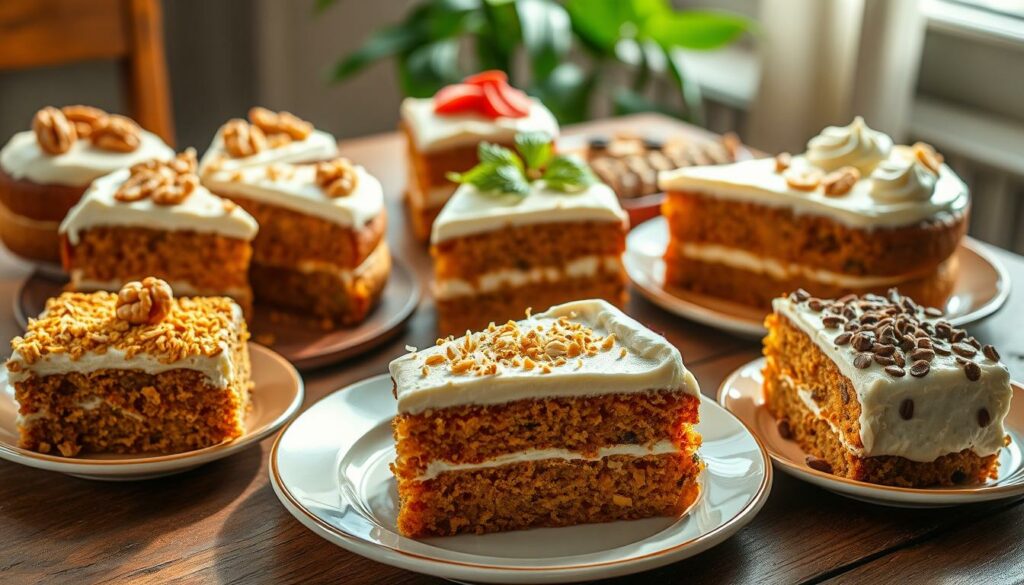 a variety of delicious carrot cake slices, frosted and decorated with different toppings, arranged artfully on a wooden table. the cakes have moist crumb, vibrant orange color, and include mix-ins like walnuts, pineapple, coconut, and cream cheese frosting. the scene is lit with soft, natural light, creating a warm, inviting atmosphere. the image showcases the diversity of carrot cake recipes, highlighting the potential for customization and personal touches. a variety of delicious carrot cake slices, frosted and decorated with different toppings, arranged artfully on a wooden table. the cakes have moist crumb, vibrant orange color, and include mix-ins like walnuts, pineapple, coconut, and cream cheese frosting. the scene is lit with soft, natural light, creating a warm, inviting atmosphere. the image showcases the diversity of carrot cake recipes, highlighting the potential for customization and personal touches.