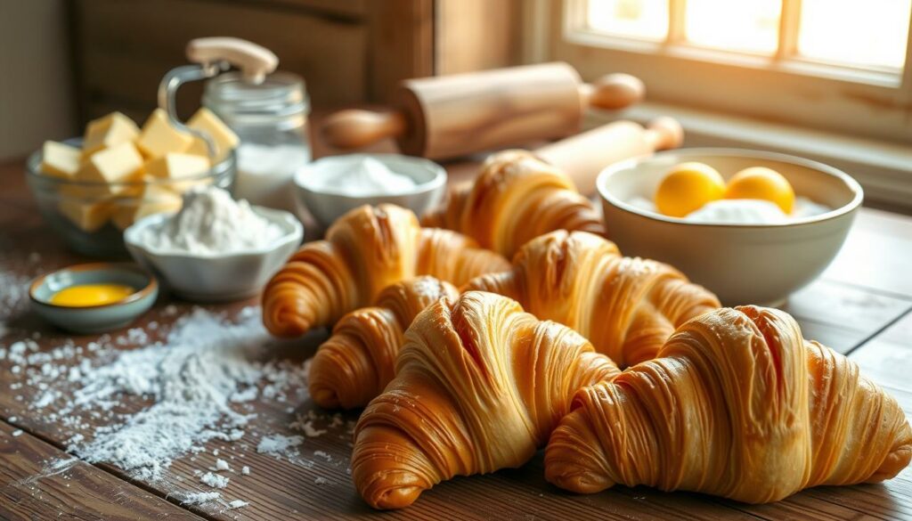 A beautifully lit, high-resolution image of a delectable array of croissant ingredients arranged on a rustic wooden table. The foreground features freshly baked croissants, their golden-brown exteriors and flaky layers inviting the viewer to imagine their irresistible taste. Surrounding the croissants are bowls of butter, flour, sugar, and a small dish of egg yolks, hinting at the essential components needed to create these buttery pastries. The middle ground showcases a vintage rolling pin and a scattering of flour, suggesting the process of shaping and preparing the dough. In the background, a window lets in warm, natural light, casting a soft glow over the entire scene and creating a cozy, homemade atmosphere. A beautifully lit, high-resolution image of a delectable array of croissant ingredients arranged on a rustic wooden table. The foreground features freshly baked croissants, their golden-brown exteriors and flaky layers inviting the viewer to imagine their irresistible taste. Surrounding the croissants are bowls of butter, flour, sugar, and a small dish of egg yolks, hinting at the essential components needed to create these buttery pastries. The middle ground showcases a vintage rolling pin and a scattering of flour, suggesting the process of shaping and preparing the dough. In the background, a window lets in warm, natural light, casting a soft glow over the entire scene and creating a cozy, homemade atmosphere.