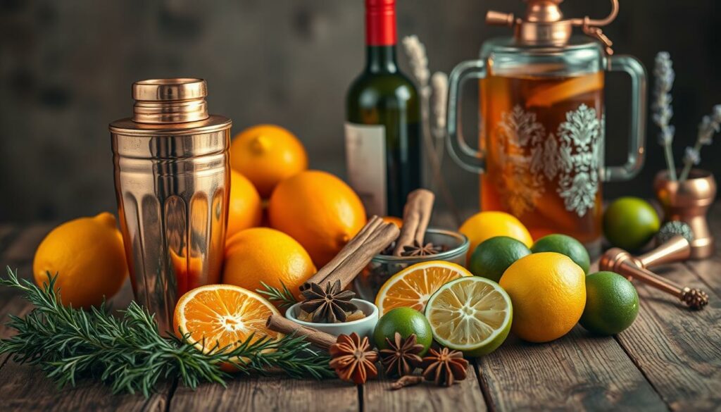 A beautifully lit, high-resolution image of an arrangement of holiday cocktail ingredients on a rustic wooden table. In the foreground, a gleaming copper cocktail shaker, fresh rosemary sprigs, and an assortment of citrus fruits - oranges, lemons, and limes - sliced and ready for juicing. In the middle ground, a bottle of red wine, a few cinnamon sticks, and a small bowl of whole spices, including star anise and cloves. The background features a vintage glass dispenser filled with amber-colored liquid, likely apple cider or spiced rum, along with a few sprigs of dried lavender and a copper jigger. The lighting is warm and inviting, casting a soft glow over the entire scene, creating a cozy, festive atmosphere. A beautifully lit, high-resolution image of an arrangement of holiday cocktail ingredients on a rustic wooden table. In the foreground, a gleaming copper cocktail shaker, fresh rosemary sprigs, and an assortment of citrus fruits - oranges, lemons, and limes - sliced and ready for juicing. In the middle ground, a bottle of red wine, a few cinnamon sticks, and a small bowl of whole spices, including star anise and cloves. The background features a vintage glass dispenser filled with amber-colored liquid, likely apple cider or spiced rum, along with a few sprigs of dried lavender and a copper jigger. The lighting is warm and inviting, casting a soft glow over the entire scene, creating a cozy, festive atmosphere.