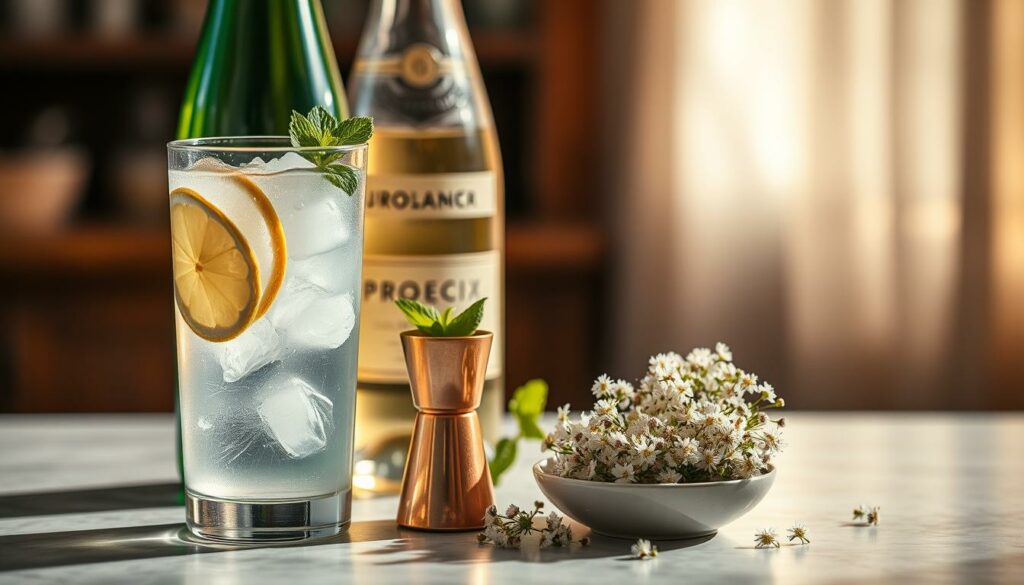 A beautifully lit still life of the ingredients used to create a Hugo Spritz cocktail. In the foreground, a tall glass filled with ice and a slice of lemon, accompanied by a bottle of prosecco and a sprig of fresh mint. In the middle ground, a small copper jigger holds a measured amount of elderflower liqueur, while a small bowl showcases a handful of freshly picked elderflowers. The background is a soft, out-of-focus scene, allowing the ingredients to take center stage. The lighting is warm and natural, casting gentle shadows and highlights that accentuate the textures and colors of the scene. The overall mood is one of refinement and sophistication, capturing the essence of the Hugo Spritz cocktail. A beautifully lit still life of the ingredients used to create a Hugo Spritz cocktail. In the foreground, a tall glass filled with ice and a slice of lemon, accompanied by a bottle of prosecco and a sprig of fresh mint. In the middle ground, a small copper jigger holds a measured amount of elderflower liqueur, while a small bowl showcases a handful of freshly picked elderflowers. The background is a soft, out-of-focus scene, allowing the ingredients to take center stage. The lighting is warm and natural, casting gentle shadows and highlights that accentuate the textures and colors of the scene. The overall mood is one of refinement and sophistication, capturing the essence of the Hugo Spritz cocktail.