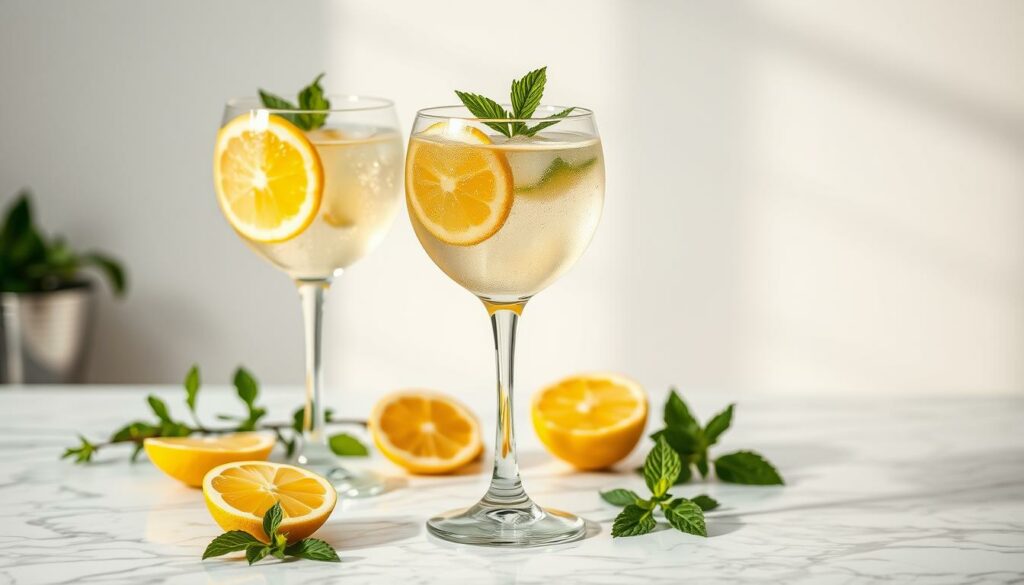 A beautifully styled and well-lit image of tipsy cocktails and lemon slices poised atop a marble countertop, surrounded by fresh sprigs of mint and a delicate, effervescent Hugo Spritz. The foreground features the cocktail glasses with their signature fizz and garnishes, artfully arranged to highlight the vibrant colors and textures. The middle ground showcases a clean, minimalist background, allowing the drink and its accoutrements to take center stage. Soft, natural lighting casts a warm, inviting glow, creating a mood of casual sophistication. The overall composition reflects the refreshing and celebratory nature of the Hugo Spritz, perfectly capturing the essence of the "Tips for the Best Hugo Spritz" section. A beautifully styled and well-lit image of tipsy cocktails and lemon slices poised atop a marble countertop, surrounded by fresh sprigs of mint and a delicate, effervescent Hugo Spritz. The foreground features the cocktail glasses with their signature fizz and garnishes, artfully arranged to highlight the vibrant colors and textures. The middle ground showcases a clean, minimalist background, allowing the drink and its accoutrements to take center stage. Soft, natural lighting casts a warm, inviting glow, creating a mood of casual sophistication. The overall composition reflects the refreshing and celebratory nature of the Hugo Spritz, perfectly capturing the essence of the "Tips for the Best Hugo Spritz" section.