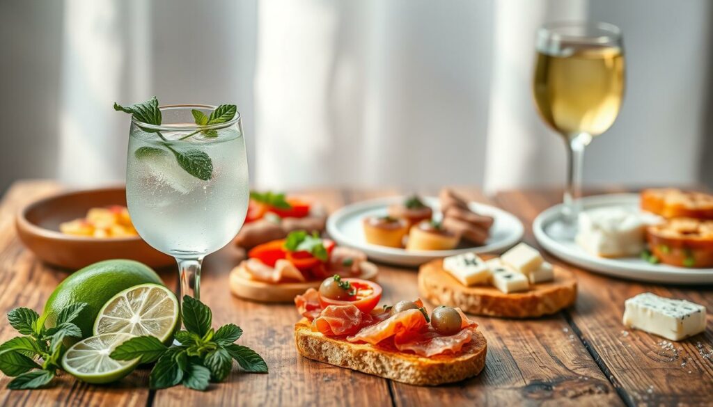 A beautifully styled image of a variety of appetizing food and drink pairings for a Hugo Spritz cocktail, presented on a rustic wooden table against a soft, hazy backdrop. In the foreground, an arrangement of sliced limes, fresh mint leaves, and a glass of the fizzy, elderflower-infused Hugo Spritz, garnished with a sprig of mint. In the middle ground, artfully arranged plates showcase complementary small bites, such as bruschetta with tomato and basil, cured meats, and creamy cheeses. The background is softly blurred, evoking a cozy, inviting atmosphere. The lighting is natural and diffused, highlighting the vibrant colors and textures of the scene. The overall impression is one of sophistication, refreshment, and the perfect pairing of flavors. A beautifully styled image of a variety of appetizing food and drink pairings for a Hugo Spritz cocktail, presented on a rustic wooden table against a soft, hazy backdrop. In the foreground, an arrangement of sliced limes, fresh mint leaves, and a glass of the fizzy, elderflower-infused Hugo Spritz, garnished with a sprig of mint. In the middle ground, artfully arranged plates showcase complementary small bites, such as bruschetta with tomato and basil, cured meats, and creamy cheeses. The background is softly blurred, evoking a cozy, inviting atmosphere. The lighting is natural and diffused, highlighting the vibrant colors and textures of the scene. The overall impression is one of sophistication, refreshment, and the perfect pairing of flavors.