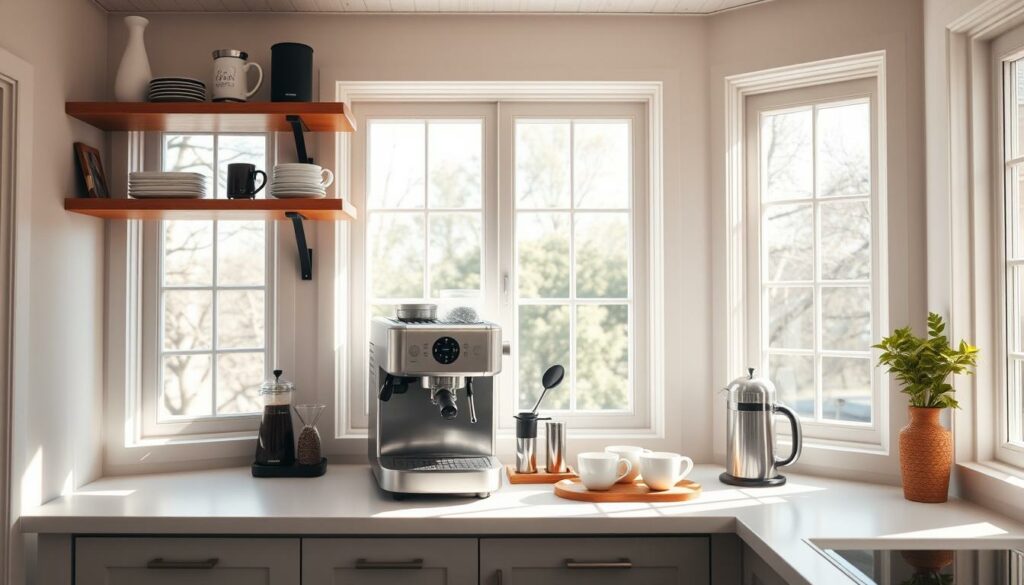 A bright, airy kitchen with a dedicated coffee station in the corner. The counter is neatly arranged with a sleek espresso machine, a selection of artisanal coffee beans, and a set of ceramic mugs. Sunlight streams in through large windows, casting a warm glow over the space. Wooden shelves above the counter display various coffee-making accessories, like a French press and a milk frother. The overall atmosphere is one of calm, organized tranquility, creating a practical yet visually appealing spot for the coffee enthusiast. A bright, airy kitchen with a dedicated coffee station in the corner. The counter is neatly arranged with a sleek espresso machine, a selection of artisanal coffee beans, and a set of ceramic mugs. Sunlight streams in through large windows, casting a warm glow over the space. Wooden shelves above the counter display various coffee-making accessories, like a French press and a milk frother. The overall atmosphere is one of calm, organized tranquility, creating a practical yet visually appealing spot for the coffee enthusiast.