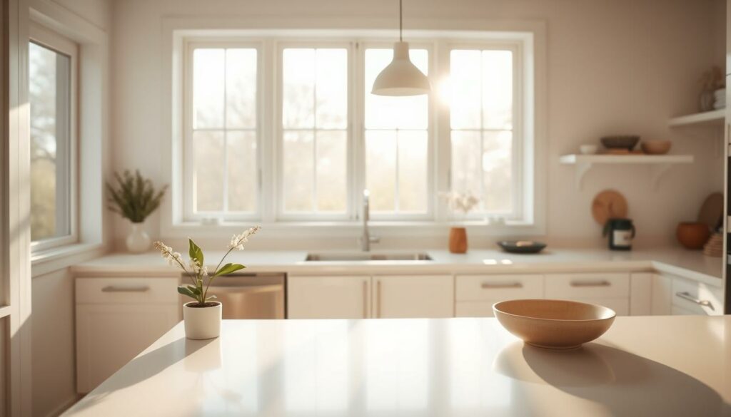A bright, airy kitchen with decluttered countertops, featuring a clean, modern aesthetic. The counters are clear, save for a few carefully-arranged decorative accents - a small potted plant, a simple vase of fresh flowers, and a minimalist ceramic dish. Warm, diffused natural light streams in through large windows, casting a soft glow across the pristine white surfaces. The overall atmosphere is one of serenity and clarity, inviting the viewer to imagine the serene start to their day in this clutter-free, rejuvenating space. A bright, airy kitchen with decluttered countertops, featuring a clean, modern aesthetic. The counters are clear, save for a few carefully-arranged decorative accents - a small potted plant, a simple vase of fresh flowers, and a minimalist ceramic dish. Warm, diffused natural light streams in through large windows, casting a soft glow across the pristine white surfaces. The overall atmosphere is one of serenity and clarity, inviting the viewer to imagine the serene start to their day in this clutter-free, rejuvenating space.