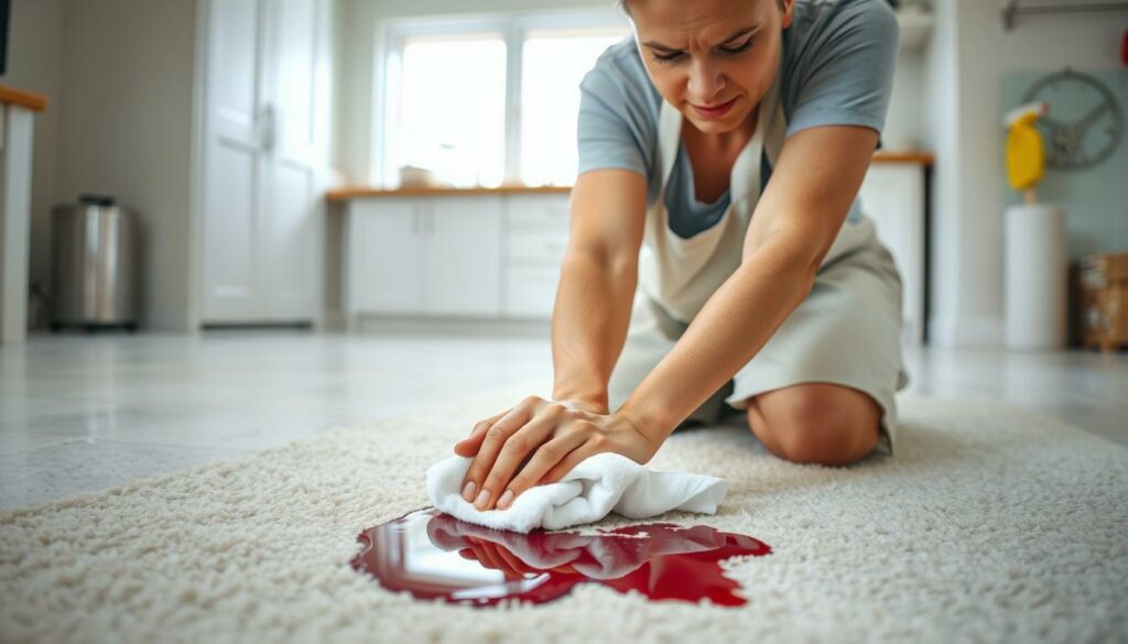 A bright, well-lit kitchen interior with a tiled floor and countertop. In the foreground, a person in a cleaning apron is carefully blotting a red wine spill on the pale carpeting with a clean white cloth, using a gentle, methodical motion. The person's face is focused and determined, with a slight furrow in the brow. The background shows a collection of cleaning supplies - a spray bottle, a scrub brush, a roll of paper towels - arranged neatly on the countertop, conveying a sense of organization and attention to detail. The lighting is soft and diffuse, creating a warm, inviting atmosphere. The overall scene evokes a sense of diligence and care in addressing a sudden stain, with the goal of preserving the pristine condition of the carpet. A bright, well-lit kitchen interior with a tiled floor and countertop. In the foreground, a person in a cleaning apron is carefully blotting a red wine spill on the pale carpeting with a clean white cloth, using a gentle, methodical motion. The person's face is focused and determined, with a slight furrow in the brow. The background shows a collection of cleaning supplies - a spray bottle, a scrub brush, a roll of paper towels - arranged neatly on the countertop, conveying a sense of organization and attention to detail. The lighting is soft and diffuse, creating a warm, inviting atmosphere. The overall scene evokes a sense of diligence and care in addressing a sudden stain, with the goal of preserving the pristine condition of the carpet.