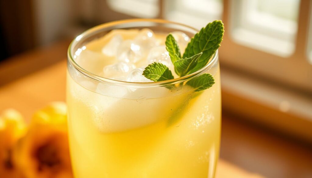 A chilled glass filled with a vibrant, effervescent Hugo spritz cocktail, garnished with a fresh, fragrant sprig of mint. The drink's pale yellow hue is accented by delicate elderflower notes, while lively bubbles dance across the surface. The glass is captured in a warm, natural lighting setup, creating a soft, inviting ambiance. The composition emphasizes the drink's refreshing qualities, hinting at the floral and fizzy flavors within. The image aims to visually represent the essence of the Hugo spritz - a simple yet elegant cocktail that embodies the joy of summer. A chilled glass filled with a vibrant, effervescent Hugo spritz cocktail, garnished with a fresh, fragrant sprig of mint. The drink's pale yellow hue is accented by delicate elderflower notes, while lively bubbles dance across the surface. The glass is captured in a warm, natural lighting setup, creating a soft, inviting ambiance. The composition emphasizes the drink's refreshing qualities, hinting at the floral and fizzy flavors within. The image aims to visually represent the essence of the Hugo spritz - a simple yet elegant cocktail that embodies the joy of summer.
