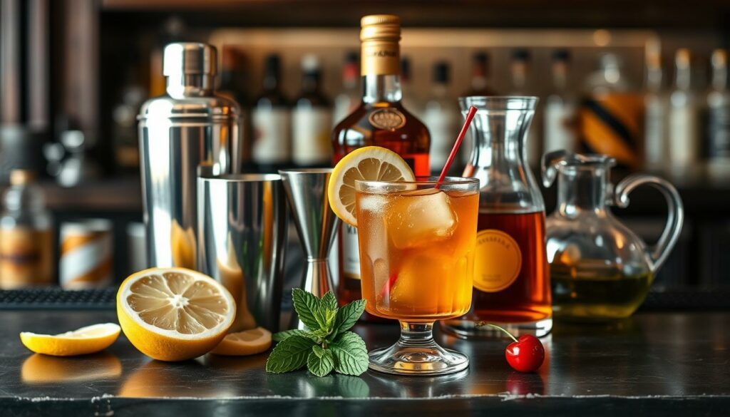 A classic bar counter, softly lit from above, holding the essential ingredients for the perfect Amaretto Sour: a cut lemon, a shaker tin, a jigger, a bottle of rich amber Amaretto liqueur, and a carafe of simple syrup. Delicate lemon slices, a sprig of fresh mint, and a single maraschino cherry add the final elegant touches. The scene exudes an inviting, vintage atmosphere, ready to transport the viewer to a timeless cocktail lounge. A classic bar counter, softly lit from above, holding the essential ingredients for the perfect Amaretto Sour: a cut lemon, a shaker tin, a jigger, a bottle of rich amber Amaretto liqueur, and a carafe of simple syrup. Delicate lemon slices, a sprig of fresh mint, and a single maraschino cherry add the final elegant touches. The scene exudes an inviting, vintage atmosphere, ready to transport the viewer to a timeless cocktail lounge.