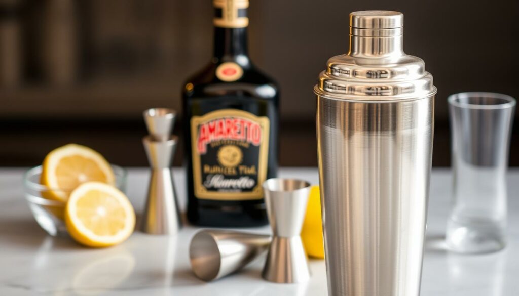 A classic cocktail shaker made of stainless steel, its sleek and polished surface gleaming under warm, soft lighting. The shaker stands prominently in the foreground, its shape capturing the essence of mixology. In the middle ground, a few carefully chosen ingredients - fresh lemon wedges, a bottle of premium amaretto, and a jigger - are arranged, hinting at the delicious libation about to be created. The background is slightly blurred, keeping the focus on the shaker and its accompanying tools, conveying a sense of professionalism and craftsmanship. The overall mood is one of elegance, precision, and the promise of a perfectly balanced Amaretto Sour. A classic cocktail shaker made of stainless steel, its sleek and polished surface gleaming under warm, soft lighting. The shaker stands prominently in the foreground, its shape capturing the essence of mixology. In the middle ground, a few carefully chosen ingredients - fresh lemon wedges, a bottle of premium amaretto, and a jigger - are arranged, hinting at the delicious libation about to be created. The background is slightly blurred, keeping the focus on the shaker and its accompanying tools, conveying a sense of professionalism and craftsmanship. The overall mood is one of elegance, precision, and the promise of a perfectly balanced Amaretto Sour.