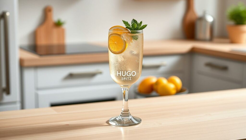 A clean, well-lit kitchen counter with a glass of sparkling, pale gold Hugo Spritz garnished with a slice of citrus fruit and a sprig of fresh mint. The drink has a bubbly, effervescent appearance and sits atop a light-colored wooden surface, with a minimalist, elegant aesthetic. The lighting is soft and diffuse, creating a warm, inviting atmosphere. The composition is balanced, with the drink positioned slightly off-center to draw the eye. The overall mood is fresh, refined, and welcoming, perfectly capturing the essence of the Hugo Spritz cocktail. A clean, well-lit kitchen counter with a glass of sparkling, pale gold Hugo Spritz garnished with a slice of citrus fruit and a sprig of fresh mint. The drink has a bubbly, effervescent appearance and sits atop a light-colored wooden surface, with a minimalist, elegant aesthetic. The lighting is soft and diffuse, creating a warm, inviting atmosphere. The composition is balanced, with the drink positioned slightly off-center to draw the eye. The overall mood is fresh, refined, and welcoming, perfectly capturing the essence of the Hugo Spritz cocktail.