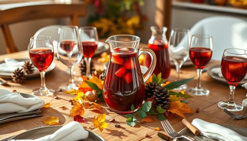 A cozy autumn gathering, a rustic wooden table set with vibrant glassware and festive garnishes. Pinecones, leaves, and a pitcher of rich, ruby-hued sangria take center stage, bathed in warm, golden light. Crisp white linen, polished flatware, and a hint of cinnamon linger in the air, inviting guests to indulge in the season's flavors. The scene exudes a sense of comfort and celebration, capturing the essence of a Thanksgiving gathering with a touch of modern flair. A cozy autumn gathering, a rustic wooden table set with vibrant glassware and festive garnishes. Pinecones, leaves, and a pitcher of rich, ruby-hued sangria take center stage, bathed in warm, golden light. Crisp white linen, polished flatware, and a hint of cinnamon linger in the air, inviting guests to indulge in the season's flavors. The scene exudes a sense of comfort and celebration, capturing the essence of a Thanksgiving gathering with a touch of modern flair.