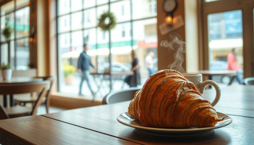 A cozy cafe setting with a wooden table in the foreground, adorned with a crisp, golden-brown croissant and a steaming mug of freshly brewed coffee. The croissant is artfully arranged, its flaky layers visible, inviting the viewer to imagine its delightful texture and aroma. Soft, natural lighting filters in through large windows, creating a warm, inviting ambiance. In the background, glimpses of a quaint street scene can be seen, with passersby adding to the charming, neighborhood atmosphere. The overall scene evokes a sense of comfort, indulgence, and the simple pleasures of a perfect morning. A cozy cafe setting with a wooden table in the foreground, adorned with a crisp, golden-brown croissant and a steaming mug of freshly brewed coffee. The croissant is artfully arranged, its flaky layers visible, inviting the viewer to imagine its delightful texture and aroma. Soft, natural lighting filters in through large windows, creating a warm, inviting ambiance. In the background, glimpses of a quaint street scene can be seen, with passersby adding to the charming, neighborhood atmosphere. The overall scene evokes a sense of comfort, indulgence, and the simple pleasures of a perfect morning.