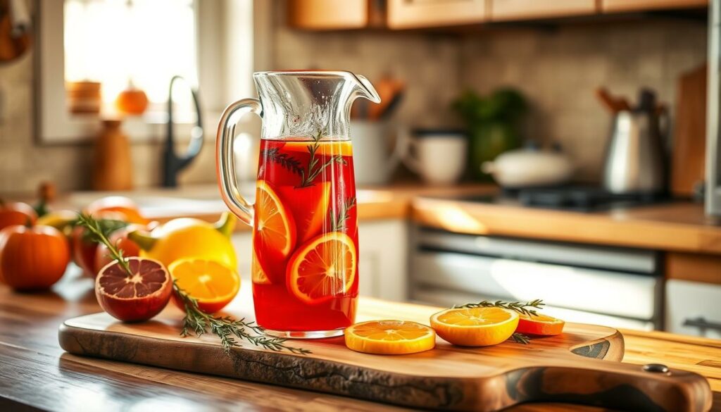 A cozy kitchen counter adorned with a rustic wooden cutting board, a glass pitcher filled with vibrant red sangria, fresh citrus slices, and sprigs of fragrant herbs. The scene is bathed in warm, natural lighting that casts a soft, inviting glow, evoking the comforting atmosphere of a homemade Thanksgiving gathering. The image captures the essence of a make-ahead sangria recipe, ready to be enjoyed as part of a festive seasonal spread. A cozy kitchen counter adorned with a rustic wooden cutting board, a glass pitcher filled with vibrant red sangria, fresh citrus slices, and sprigs of fragrant herbs. The scene is bathed in warm, natural lighting that casts a soft, inviting glow, evoking the comforting atmosphere of a homemade Thanksgiving gathering. The image captures the essence of a make-ahead sangria recipe, ready to be enjoyed as part of a festive seasonal spread.
