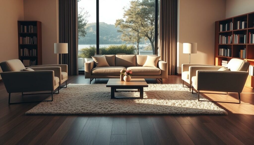 A cozy living room in soft, warm lighting. In the foreground, a plush area rug and a sleek, modern sofa positioned to face a large picture window overlooking a serene outdoor scene. Flanking the sofa, two minimalist armchairs create an intimate conversation area. In the middle ground, a low, wooden coffee table is adorned with a simple floral arrangement. Bookshelves line the back wall, casting gentle shadows. The overall atmosphere is one of relaxation and thoughtful layout, inviting the viewer to imagine how rearranging furniture could reduce wear on a carpet. A cozy living room in soft, warm lighting. In the foreground, a plush area rug and a sleek, modern sofa positioned to face a large picture window overlooking a serene outdoor scene. Flanking the sofa, two minimalist armchairs create an intimate conversation area. In the middle ground, a low, wooden coffee table is adorned with a simple floral arrangement. Bookshelves line the back wall, casting gentle shadows. The overall atmosphere is one of relaxation and thoughtful layout, inviting the viewer to imagine how rearranging furniture could reduce wear on a carpet.