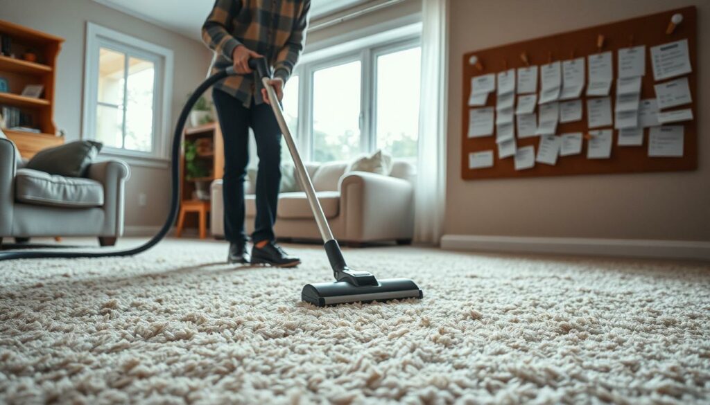 A cozy, well-lit living room with a plush, deep-pile carpet. In the foreground, a person diligently vacuuming the floor, their movements graceful and efficient. The vacuum cleaner's powerful suction creates a gentle ripple in the carpet fibers. In the middle ground, a meticulously organized cleaning schedule displayed on a corkboard, with neatly pinned notes and checklists, indicating a commitment to a consistent cleaning routine. The background features a large window, allowing natural light to flood the space and creating a sense of warmth and tranquility. The overall mood is one of order, productivity, and a dedication to maintaining a clean and welcoming home environment. A cozy, well-lit living room with a plush, deep-pile carpet. In the foreground, a person diligently vacuuming the floor, their movements graceful and efficient. The vacuum cleaner's powerful suction creates a gentle ripple in the carpet fibers. In the middle ground, a meticulously organized cleaning schedule displayed on a corkboard, with neatly pinned notes and checklists, indicating a commitment to a consistent cleaning routine. The background features a large window, allowing natural light to flood the space and creating a sense of warmth and tranquility. The overall mood is one of order, productivity, and a dedication to maintaining a clean and welcoming home environment.