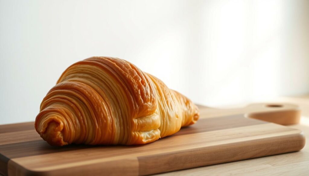 A crisp, golden-brown croissant, fresh from the oven, sitting on a wooden cutting board. The flaky, buttery layers of the croissant are clearly visible, inviting the viewer to imagine the satisfying crunch and rich flavor. Soft natural light cascades from the side, casting subtle shadows that accentuate the textural details. The croissant is the centerpiece, framed by a minimalist, clean background that allows it to shine. The overall mood is one of simplicity, quality, and the mouthwatering allure of a perfectly executed baked good. A crisp, golden-brown croissant, fresh from the oven, sitting on a wooden cutting board. The flaky, buttery layers of the croissant are clearly visible, inviting the viewer to imagine the satisfying crunch and rich flavor. Soft natural light cascades from the side, casting subtle shadows that accentuate the textural details. The croissant is the centerpiece, framed by a minimalist, clean background that allows it to shine. The overall mood is one of simplicity, quality, and the mouthwatering allure of a perfectly executed baked good.