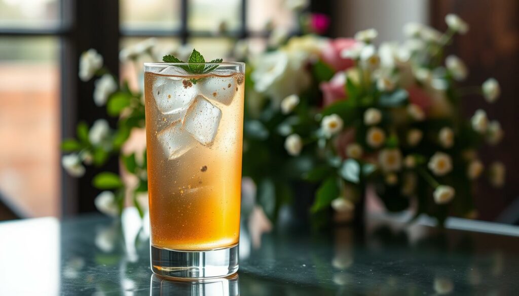 A delicate and refreshing Hugo Spritz cocktail sits atop a glass table, with a sprinkle of elderflowers and a sprig of mint adding a touch of natural elegance. The golden-hued liquid sparkles under soft, diffused lighting, casting a warm glow across the scene. In the background, a blurred floral arrangement adds a hint of verdant beauty, while the overall composition evokes a sense of peaceful tranquility. The image is captured with a shallow depth of field, drawing the viewer's focus directly to the alluring beverage at the heart of the frame. A delicate and refreshing Hugo Spritz cocktail sits atop a glass table, with a sprinkle of elderflowers and a sprig of mint adding a touch of natural elegance. The golden-hued liquid sparkles under soft, diffused lighting, casting a warm glow across the scene. In the background, a blurred floral arrangement adds a hint of verdant beauty, while the overall composition evokes a sense of peaceful tranquility. The image is captured with a shallow depth of field, drawing the viewer's focus directly to the alluring beverage at the heart of the frame.