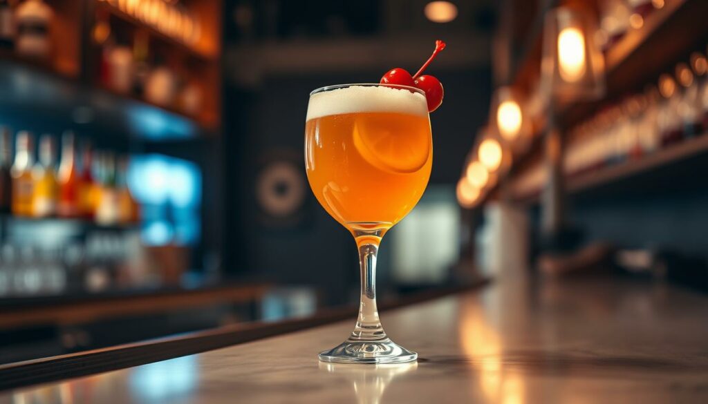 A finely crafted amaretto sour cocktail, presented on a sleek, modern bar surface. The drink features a vibrant amber hue, crowned with a delicate foam topping. Sliced lemon and maraschino cherries adorn the glass, adding a touch of elegance. Soft, warm lighting illuminates the scene, creating a cozy, inviting atmosphere. The composition is captured at a low angle, emphasizing the alluring qualities of the beverage. The overall mood is one of sophisticated indulgence, perfectly suited to showcase a creative take on the classic amaretto sour. A finely crafted amaretto sour cocktail, presented on a sleek, modern bar surface. The drink features a vibrant amber hue, crowned with a delicate foam topping. Sliced lemon and maraschino cherries adorn the glass, adding a touch of elegance. Soft, warm lighting illuminates the scene, creating a cozy, inviting atmosphere. The composition is captured at a low angle, emphasizing the alluring qualities of the beverage. The overall mood is one of sophisticated indulgence, perfectly suited to showcase a creative take on the classic amaretto sour.