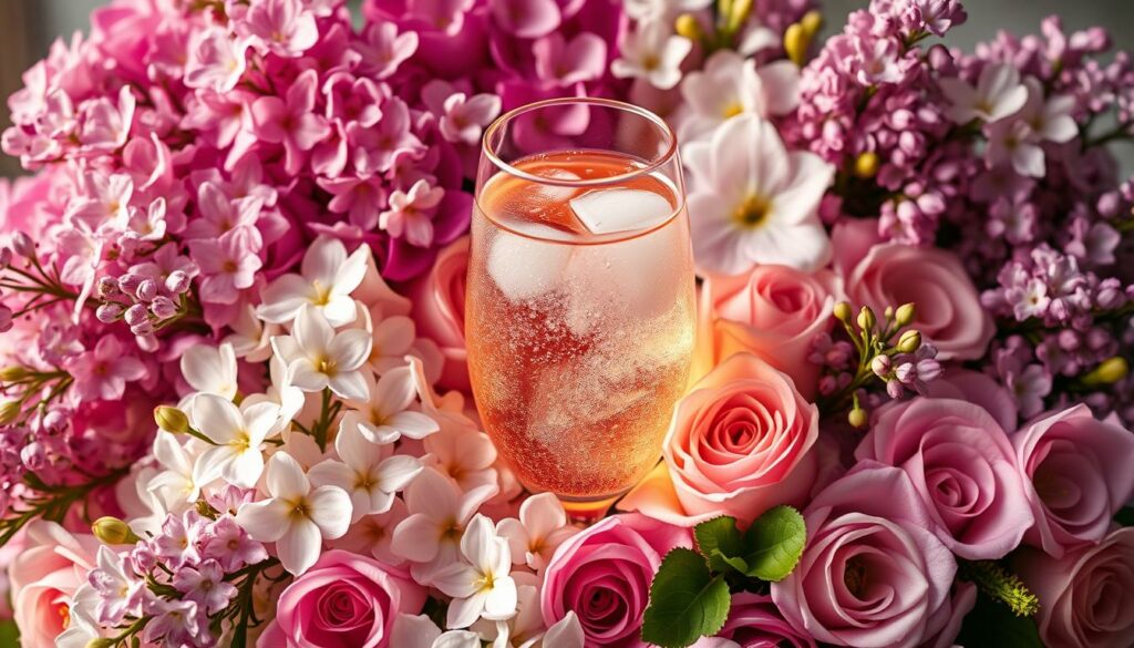 A lush, floral arrangement of vibrant blooms in shades of pink, white, and lavender, perfectly complemented by the effervescent bubbles of a Hugo Spritz cocktail. The composition features a central glass filled with the sparkling beverage, surrounded by a bouquet of fresh flowers, including delicate lilacs, fragrant jasmine, and delicate roses. The scene is bathed in soft, warm lighting, creating a cozy and inviting atmosphere. The image is captured in a medium close-up, with a shallow depth of field that gently blurs the background, drawing the viewer's attention to the captivating interplay of flavors and textures. This visually stunning depiction celebrates the elegant and refreshing variations of the beloved Hugo Spritz. A lush, floral arrangement of vibrant blooms in shades of pink, white, and lavender, perfectly complemented by the effervescent bubbles of a Hugo Spritz cocktail. The composition features a central glass filled with the sparkling beverage, surrounded by a bouquet of fresh flowers, including delicate lilacs, fragrant jasmine, and delicate roses. The scene is bathed in soft, warm lighting, creating a cozy and inviting atmosphere. The image is captured in a medium close-up, with a shallow depth of field that gently blurs the background, drawing the viewer's attention to the captivating interplay of flavors and textures. This visually stunning depiction celebrates the elegant and refreshing variations of the beloved Hugo Spritz.