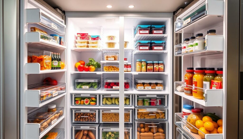 A neatly organized and decluttered fridge and freezer. The shelves and drawers are meticulously arranged, with labeled containers and color-coded categories. Vibrant fresh produce, labeled meal prepped dishes, and a few carefully selected condiments create a sense of order and clarity. Bright, even lighting from above casts a warm glow, highlighting the clean and minimalist aesthetic. The stainless steel exterior reflects the crisp, modern kitchen design. An open, airy atmosphere conveys a feeling of calm and control, perfectly complementing the tidy interior. A neatly organized and decluttered fridge and freezer. The shelves and drawers are meticulously arranged, with labeled containers and color-coded categories. Vibrant fresh produce, labeled meal prepped dishes, and a few carefully selected condiments create a sense of order and clarity. Bright, even lighting from above casts a warm glow, highlighting the clean and minimalist aesthetic. The stainless steel exterior reflects the crisp, modern kitchen design. An open, airy atmosphere conveys a feeling of calm and control, perfectly complementing the tidy interior.