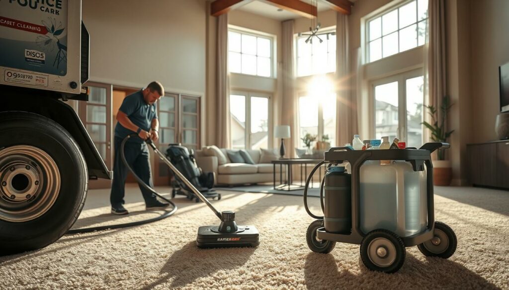 A professional carpet cleaning service in progress, captured in a well-lit, high-resolution image. In the foreground, a skilled technician using a powerful truck-mounted extraction unit, methodically cleaning a plush, beige carpet. In the middle ground, specialized cleaning tools and solutions neatly arranged on a portable workstation. The background showcases a tidy, modern residential interior, with natural lighting streaming in through large windows, creating a warm, welcoming atmosphere. The overall scene conveys the expertise, attention to detail, and care that go into providing top-quality professional carpet cleaning services. A professional carpet cleaning service in progress, captured in a well-lit, high-resolution image. In the foreground, a skilled technician using a powerful truck-mounted extraction unit, methodically cleaning a plush, beige carpet. In the middle ground, specialized cleaning tools and solutions neatly arranged on a portable workstation. The background showcases a tidy, modern residential interior, with natural lighting streaming in through large windows, creating a warm, welcoming atmosphere. The overall scene conveys the expertise, attention to detail, and care that go into providing top-quality professional carpet cleaning services.