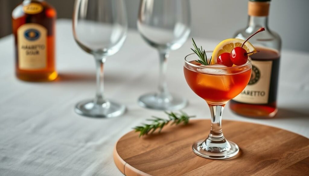 A sleek, minimalist tabletop arrangement showcasing an Amaretto Sour cocktail. In the foreground, the drink is presented in a classic coupe glass, garnished with a wedge of lemon and a maraschino cherry. The glass sits atop a wooden serving tray, complemented by a sprig of fresh rosemary. In the middle ground, elegant stemware and a bottle of Amaretto liqueur provide additional styling elements. The background features a neutral-toned linen tablecloth, allowing the drink and its accoutrements to take center stage. Soft, directional lighting casts a warm, inviting glow, creating an intimate, sophisticated ambiance perfect for savoring the classic Amaretto Sour. A sleek, minimalist tabletop arrangement showcasing an Amaretto Sour cocktail. In the foreground, the drink is presented in a classic coupe glass, garnished with a wedge of lemon and a maraschino cherry. The glass sits atop a wooden serving tray, complemented by a sprig of fresh rosemary. In the middle ground, elegant stemware and a bottle of Amaretto liqueur provide additional styling elements. The background features a neutral-toned linen tablecloth, allowing the drink and its accoutrements to take center stage. Soft, directional lighting casts a warm, inviting glow, creating an intimate, sophisticated ambiance perfect for savoring the classic Amaretto Sour.