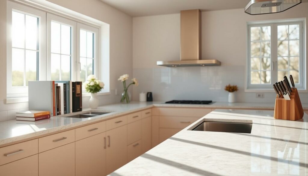 A spacious, well-lit kitchen with pristine, clutter-free countertops. Sunlight streams in through large windows, casting a warm, inviting glow over the gleaming granite surfaces. Neatly arranged kitchen essentials - a few cookbooks, a vase of fresh flowers, and a sleek knife block - create a sense of order and serenity. The room's neutral color palette, with accents of wood and stainless steel, contributes to the overall minimalist, spa-like ambiance. The angle showcases the kitchen's clean, uncluttered lines, emphasizing the importance of a well-organized, functional workspace. A spacious, well-lit kitchen with pristine, clutter-free countertops. Sunlight streams in through large windows, casting a warm, inviting glow over the gleaming granite surfaces. Neatly arranged kitchen essentials - a few cookbooks, a vase of fresh flowers, and a sleek knife block - create a sense of order and serenity. The room's neutral color palette, with accents of wood and stainless steel, contributes to the overall minimalist, spa-like ambiance. The angle showcases the kitchen's clean, uncluttered lines, emphasizing the importance of a well-organized, functional workspace.