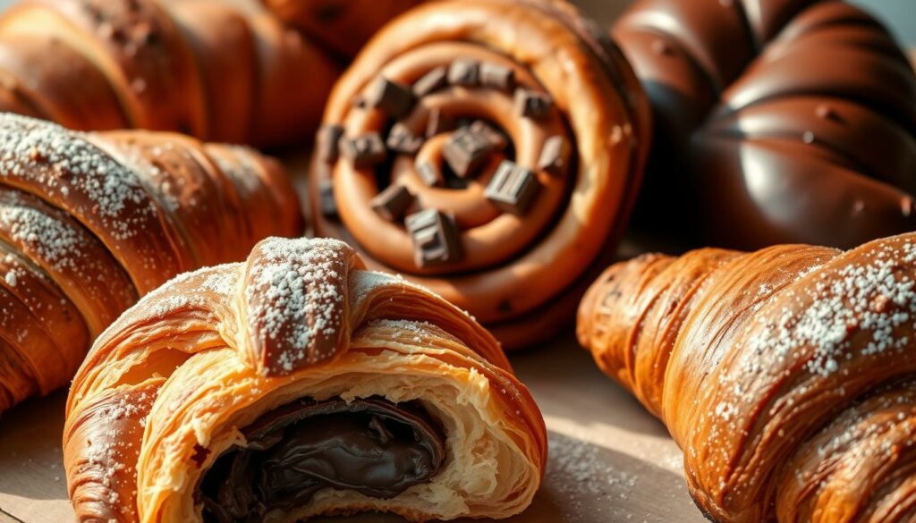 A tantalizing array of chocolate croissants, each one a delectable work of art. In the foreground, a freshly baked classic with a golden-brown exterior, its flaky layers revealing a decadent chocolate core. Beside it, a croissant filled with a rich chocolate-hazelnut spread, dusted with powdered sugar. In the middle ground, a croissant twisted into a spiral, its dough infused with cocoa and studded with chunks of premium dark chocolate. Finally, in the background, a croissant with a unique shape, perhaps twisted or folded, its surface glistening with a sheen of melted chocolate. The scene is bathed in warm, natural lighting, casting a cozy, inviting atmosphere. The croissants are captured from a slightly elevated angle, showcasing their intricate textures and delectable fillings. A tantalizing array of chocolate croissants, each one a delectable work of art. In the foreground, a freshly baked classic with a golden-brown exterior, its flaky layers revealing a decadent chocolate core. Beside it, a croissant filled with a rich chocolate-hazelnut spread, dusted with powdered sugar. In the middle ground, a croissant twisted into a spiral, its dough infused with cocoa and studded with chunks of premium dark chocolate. Finally, in the background, a croissant with a unique shape, perhaps twisted or folded, its surface glistening with a sheen of melted chocolate. The scene is bathed in warm, natural lighting, casting a cozy, inviting atmosphere. The croissants are captured from a slightly elevated angle, showcasing their intricate textures and delectable fillings.