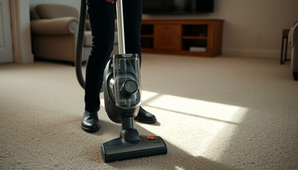 A well-lit carpeted room, with a person in the center vacuum cleaning methodically. The vacuum cleaner is a sleek, modern model with a clear dust compartment. The person's movements are smooth and efficient, their posture upright. Carefully angled lighting casts dynamic shadows, emphasizing the technique and effort. The room's furnishings are slightly blurred in the background, keeping the focus on the vacuuming process. An air of concentration and precision pervades the scene, highlighting the mastery of this everyday task. A well-lit carpeted room, with a person in the center vacuum cleaning methodically. The vacuum cleaner is a sleek, modern model with a clear dust compartment. The person's movements are smooth and efficient, their posture upright. Carefully angled lighting casts dynamic shadows, emphasizing the technique and effort. The room's furnishings are slightly blurred in the background, keeping the focus on the vacuuming process. An air of concentration and precision pervades the scene, highlighting the mastery of this everyday task.