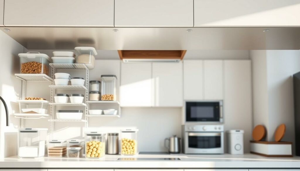 A well-organized kitchen with a focus on under-cabinet storage solutions. The foreground features various containers, shelves, and organizers neatly arranged beneath the cabinets, showcasing an efficient use of vertical space. The middle ground depicts the kitchen interior, with clean lines, neutral tones, and modern appliances, creating a minimalist and functional atmosphere. The background is softly blurred, allowing the storage solutions to take center stage. The lighting is bright and natural, casting gentle shadows and highlighting the details of the storage items. The overall composition conveys a sense of order, organization, and a clutter-free kitchen environment. A well-organized kitchen with a focus on under-cabinet storage solutions. The foreground features various containers, shelves, and organizers neatly arranged beneath the cabinets, showcasing an efficient use of vertical space. The middle ground depicts the kitchen interior, with clean lines, neutral tones, and modern appliances, creating a minimalist and functional atmosphere. The background is softly blurred, allowing the storage solutions to take center stage. The lighting is bright and natural, casting gentle shadows and highlighting the details of the storage items. The overall composition conveys a sense of order, organization, and a clutter-free kitchen environment.
